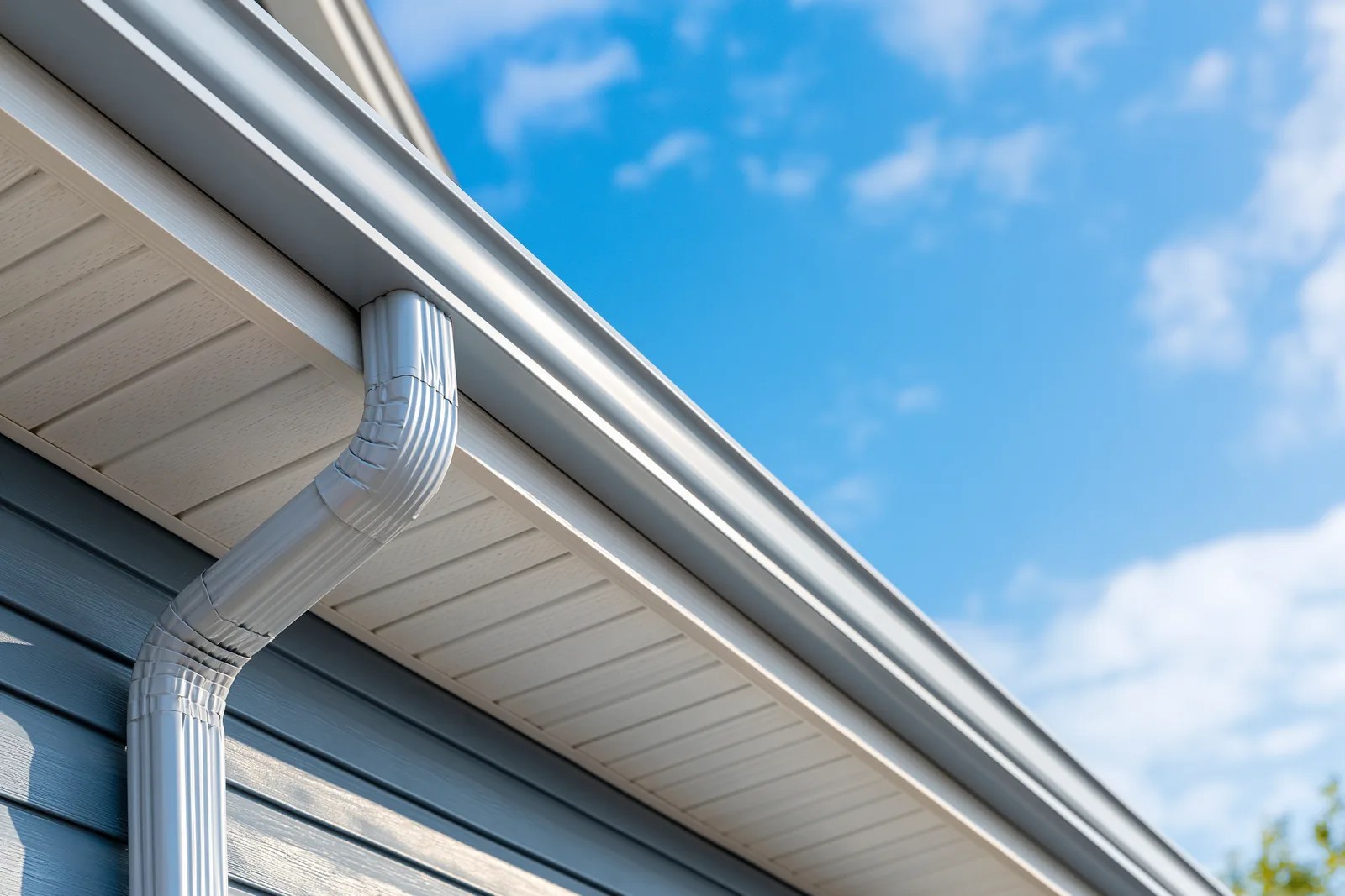 White gutter and ribbed downspout against gray lap siding