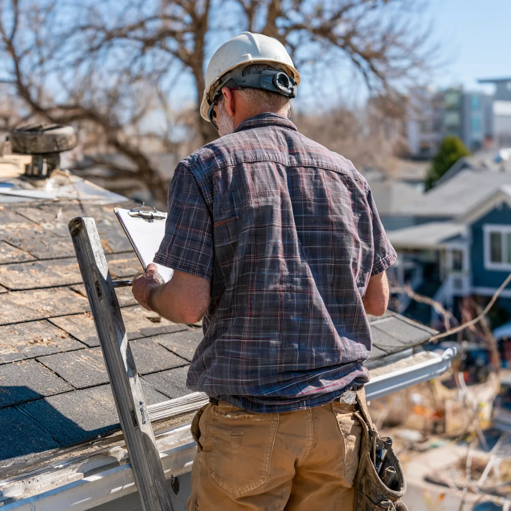An inspector with a clipboard beside a ladder on an aged roof
